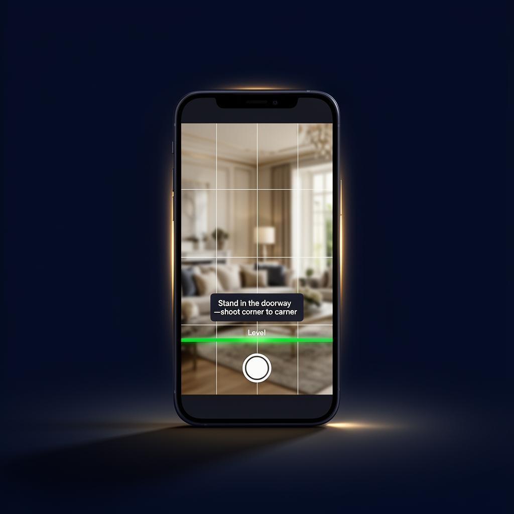 RayLeigh guided camera interface showing rule of thirds grid and level indicator on a phone